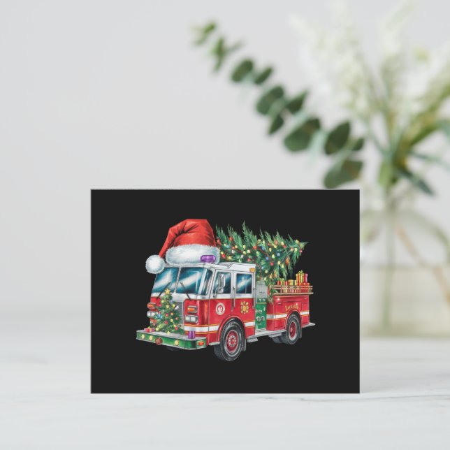 Funny Firetruck Santa Hat Christmas Tree Lights  Holiday Postcard (Standing Front)