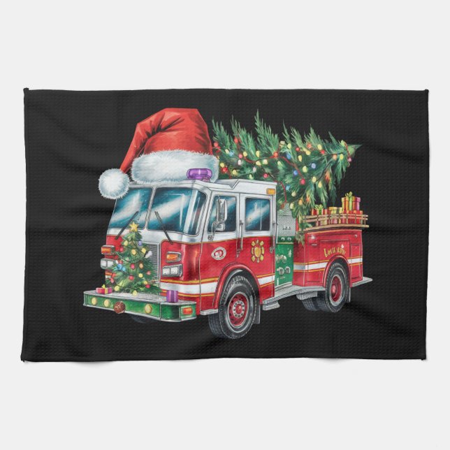 Funny Firetruck Santa Hat Christmas Tree Lights  Kitchen Towel (Horizontal)