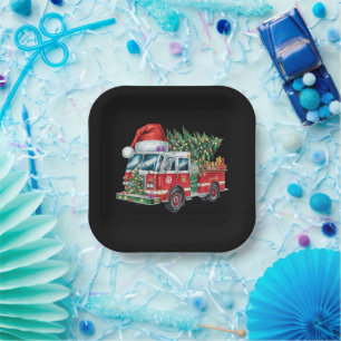 Funny Firetruck Santa Hat Christmas Tree Lights Paper Plates