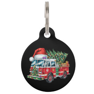 Funny Firetruck Santa Hat Christmas Tree Lights Pet ID Tag