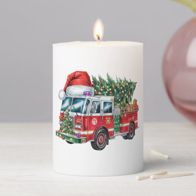 Funny Firetruck Santa Hat Christmas Tree Lights  Pillar Candle (In Situ)