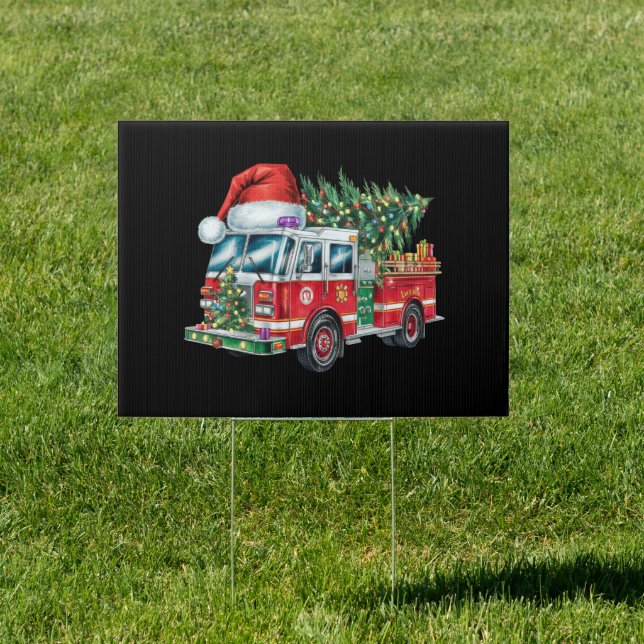 Funny Firetruck Santa Hat Christmas Tree Lights  Sign (Insitu)