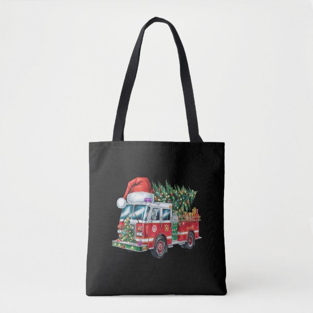 Funny Firetruck Santa Hat Christmas Tree Lights  Tote Bag (Front)