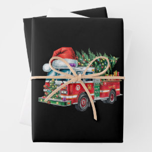 Funny Firetruck Santa Hat Christmas Tree Lights Wrapping Paper Sheets