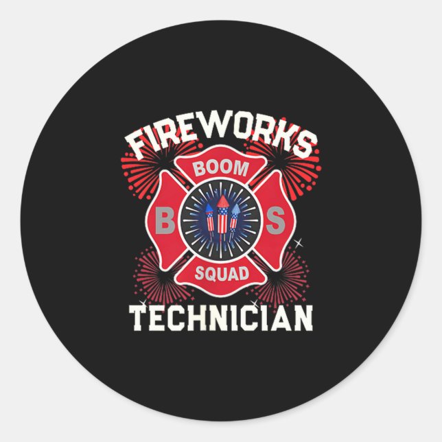 Funny firework technician boom squad safety classic round sticker (Front)
