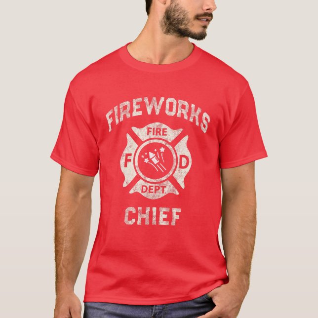 Funny FIREWORKS CHIEF Firefighter America Fire Cap T-Shirt (Front)