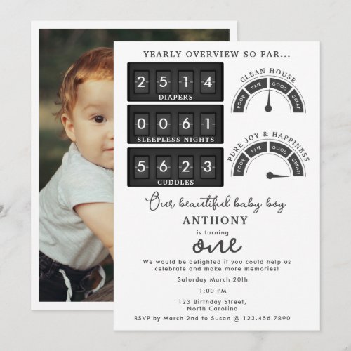 Funny First Birthday Baby Boy Girl Stats Photo Invitation