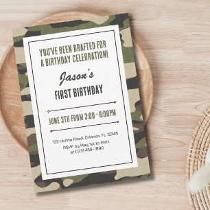 Funny First Birthday Military Green Camouflage Fun Invitation