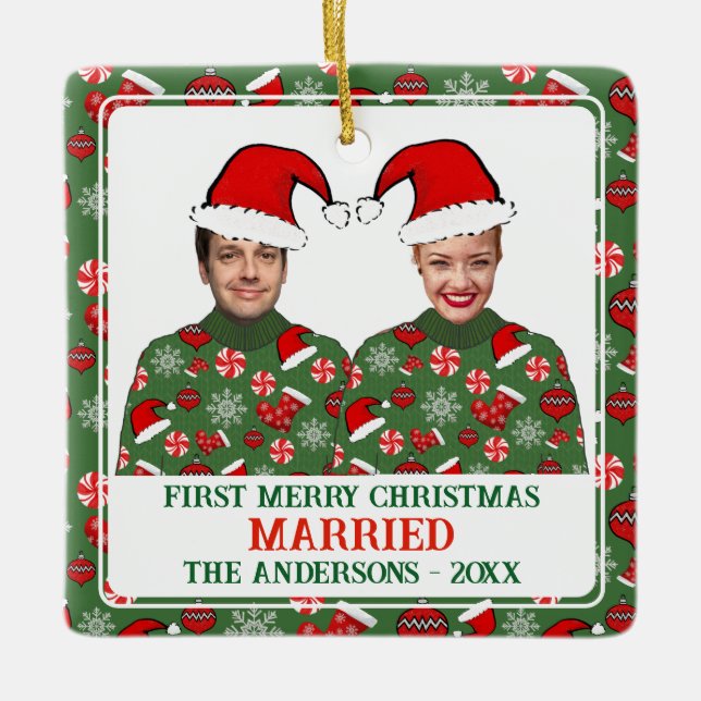 Funny First Merry Christmas Married Ugly Sweater Ceramic Ornament (Front)