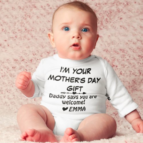 Funny First Mothers Day Saying From Dad For Mom  Baby Bodysuit