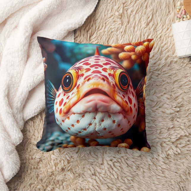 Funny Fish and Coral Close  Throw Pillow (Blanket)
