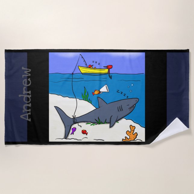 Funny fish and fishing shark cartoon beach towel (Front)