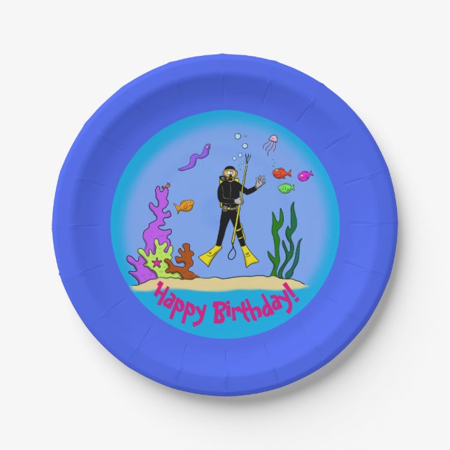 Funny fish and scuba diver cartoon paper plate (Front)