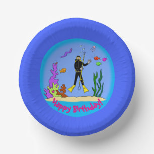 Funny fish and scuba diver cartoon paper plate bowls