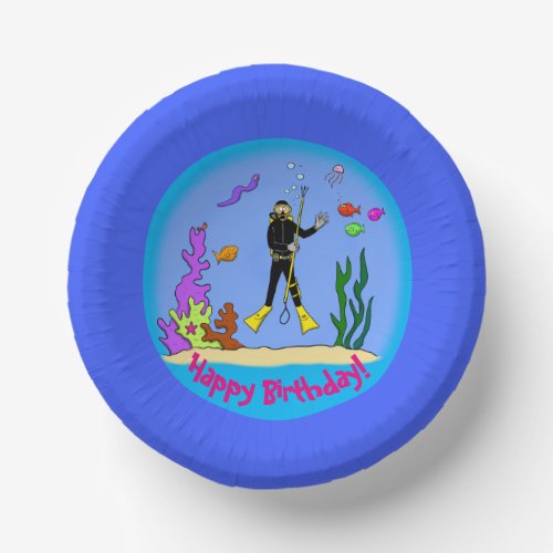 Funny fish and scuba diver cartoon paper plate paper bowls