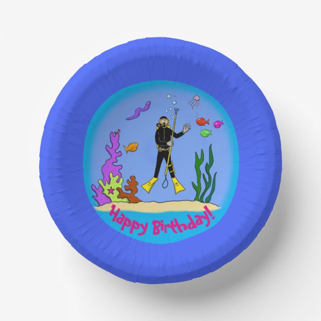 Funny fish and scuba diver cartoon paper plate paper bowls (Front)