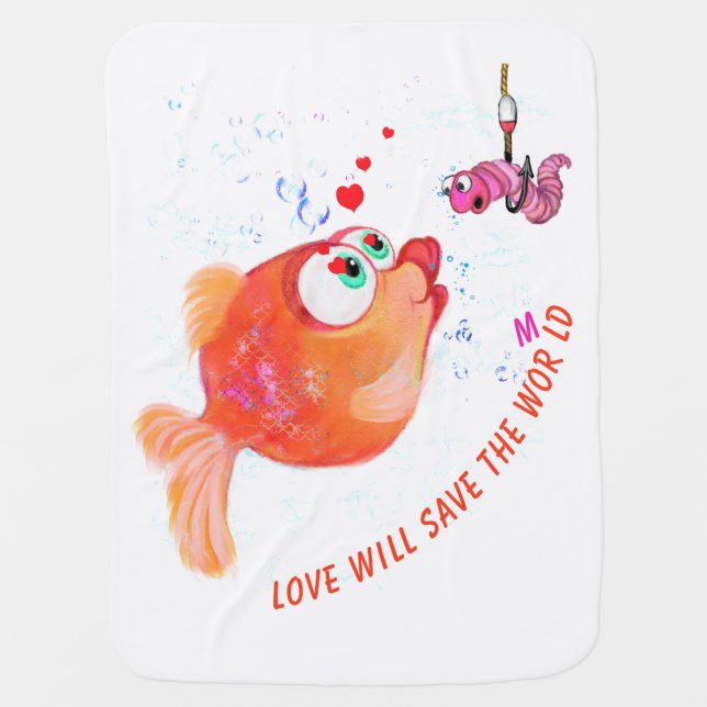 Funny Fish and Worm Cartoon Baby Blanket (Front)