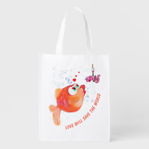 Funny Fish and Worm Grocery Bag - Custom Text