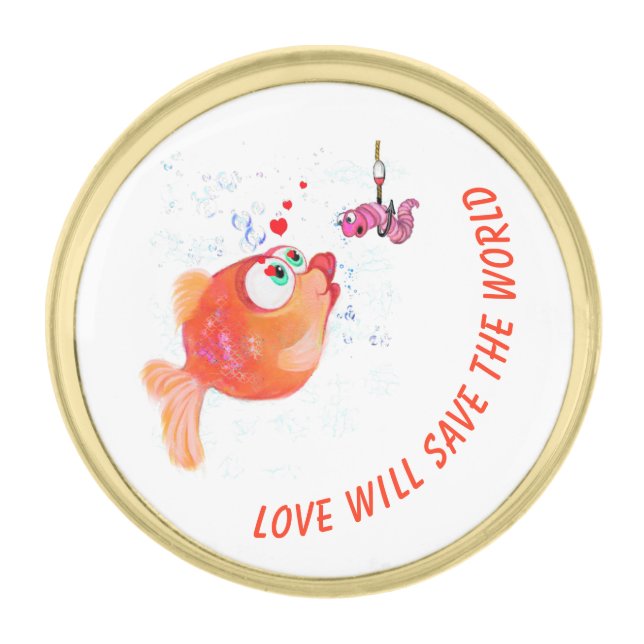 Funny Fish and Worm Lapel Pin - Custom Text (Front)