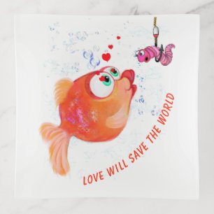 Funny Fish and Worm Love Cartoon Trinket Tray