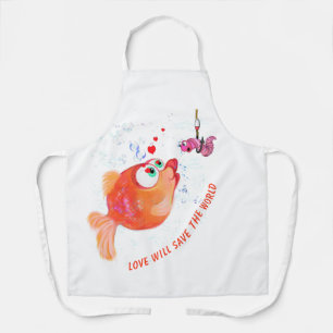 Funny Fish and Worm Love Romantic Cartoon Apron