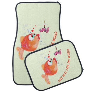 Funny Fish and Worm Love Romantic Cartoon Drawing  Car Floor Mat