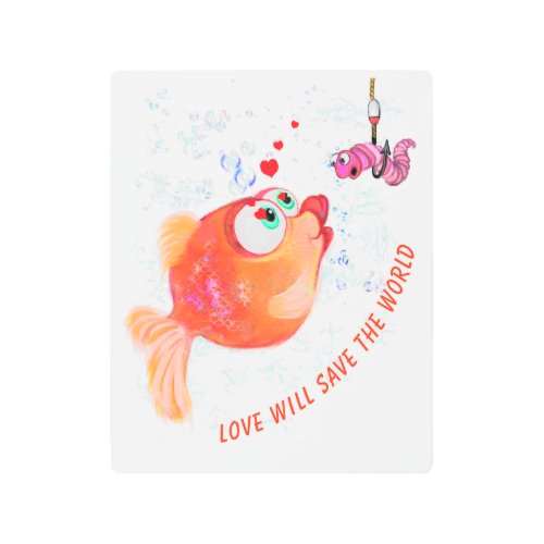 Funny Fish and Worm Love Romantic Cartoon Drawing  Metal Print