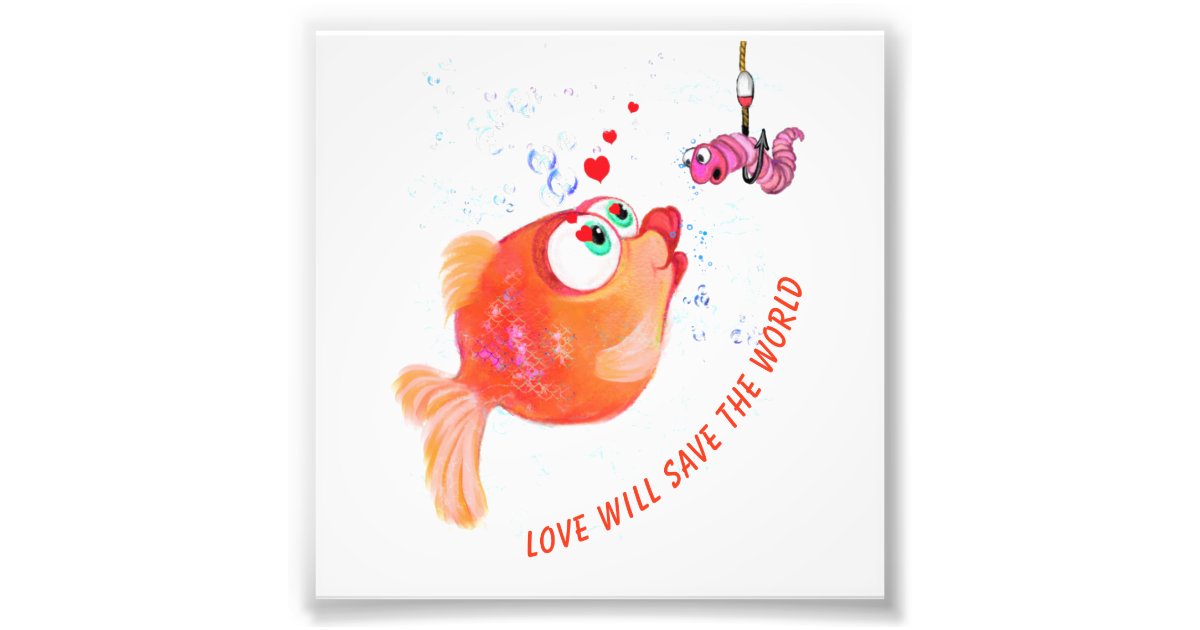 Funny Fish and Worm Love Romantic Cartoon Drawing Photo Print | Zazzle