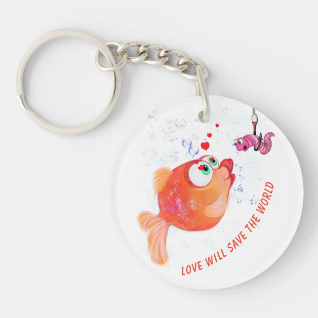 Funny Fish and Worm Love Romantic Cartoon Keychain (Front)
