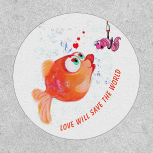 Funny Fish and Worm Love Romantic Cartoon Patch