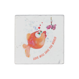 Funny Fish and Worm Love Romantic Stone Magnet