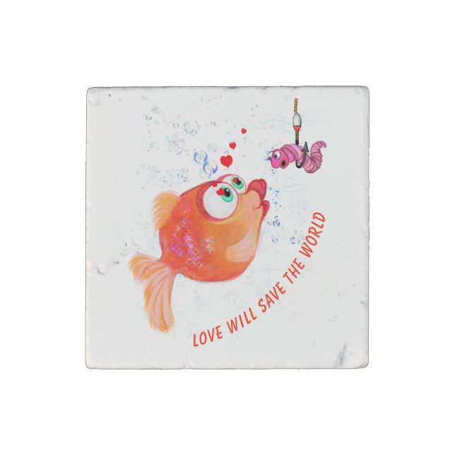 Funny Fish and Worm Love Romantic Stone Magnet (Front)