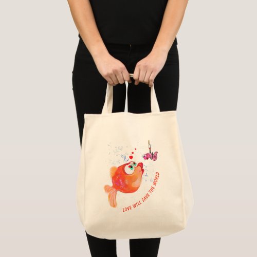 Funny Fish and Worm Love Romantic Tote Bag