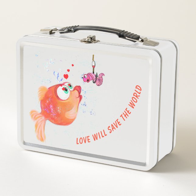 Funny Fish and Worm Metal Lunch Box - Your Text (Front)
