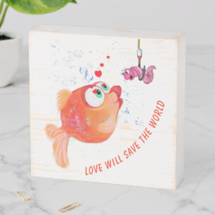 Funny Fish and Worm Wooden Box Sign - Custom Text