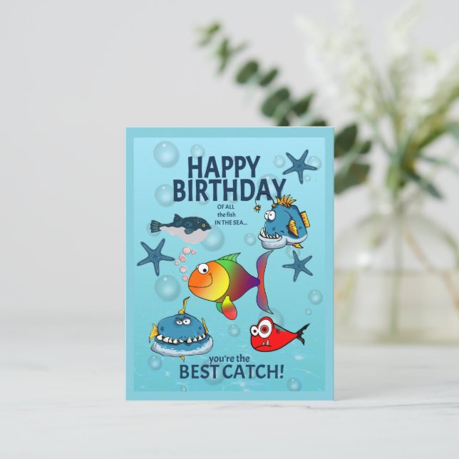 Funny Fish Birthday Postcard (Standing Front)