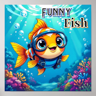 Funny Fish Cute Cartoon Kid's Nursery Art Poster