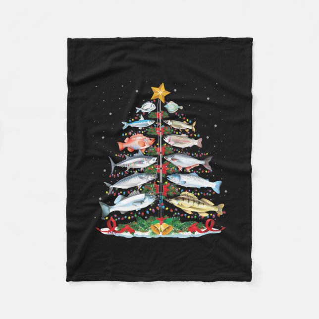 Funny Fish Fishing Rod Christmas Tree Lights Fleece Blanket (Front)