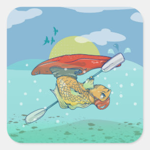 Funny fish kayaking square sticker
