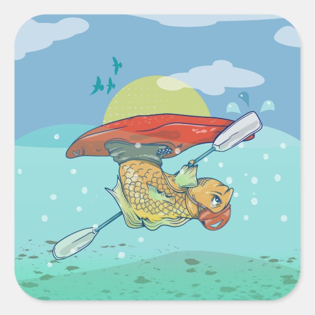 Funny fish kayaking square sticker (Front)