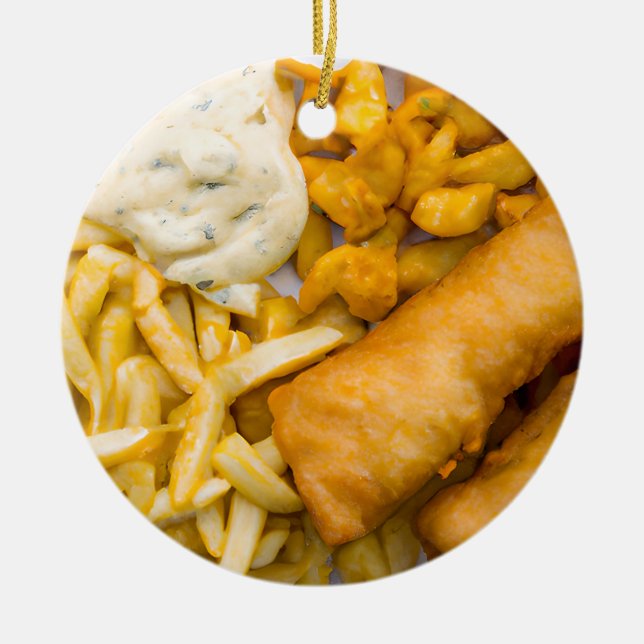 Funny Fish Pun Christmas | Fish and Chips Ceramic Ornament (Front)