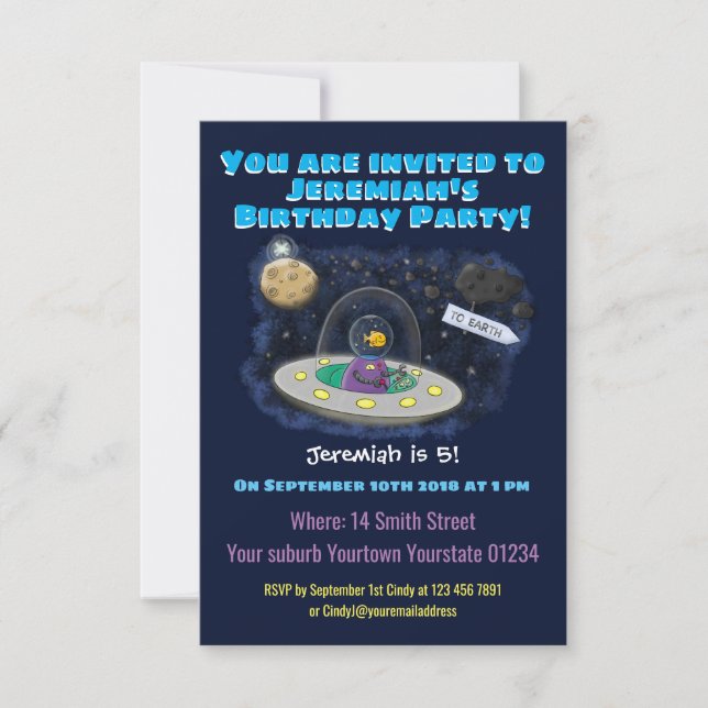 Funny fish UFO space ship cartoon illustration Invitation (Front)