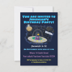 Funny fish UFO space ship cartoon illustration Invitation