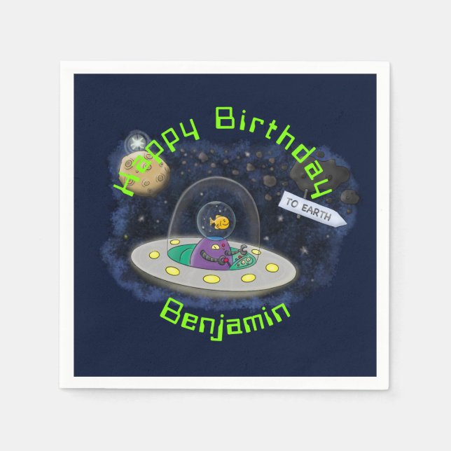 Funny fish UFO space ship cartoon illustration Napkins (Front)