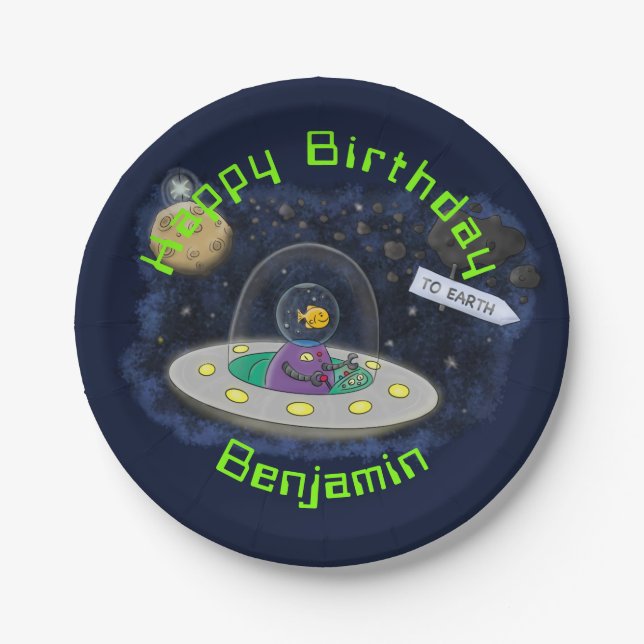 Funny fish UFO space ship cartoon illustration Paper Plates (Front)