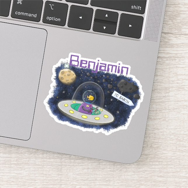 Funny fish UFO space ship cartoon illustration Sticker (Detail)
