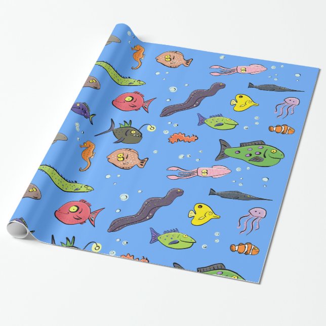 Funny fish under the sea cartoon pattern wrapping paper (Unrolled)