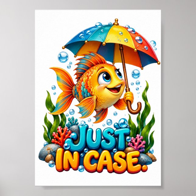 Funny Fish With Umbrella Poster (Front)