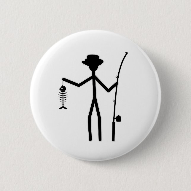 Funny Fisherman Stick Figure Holding Fish Bones Pinback Button (Front)