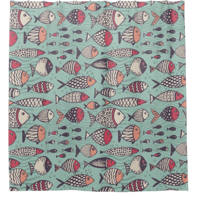 Funny fishes: hand-drawn seamless pattern. shower curtain (Front)